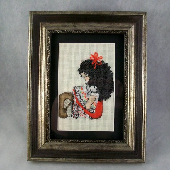 Dale Burdett Finished Cross Stitch Dark Haired Doll Easel Frame Art 7" x 9" - Picture 1 of 3